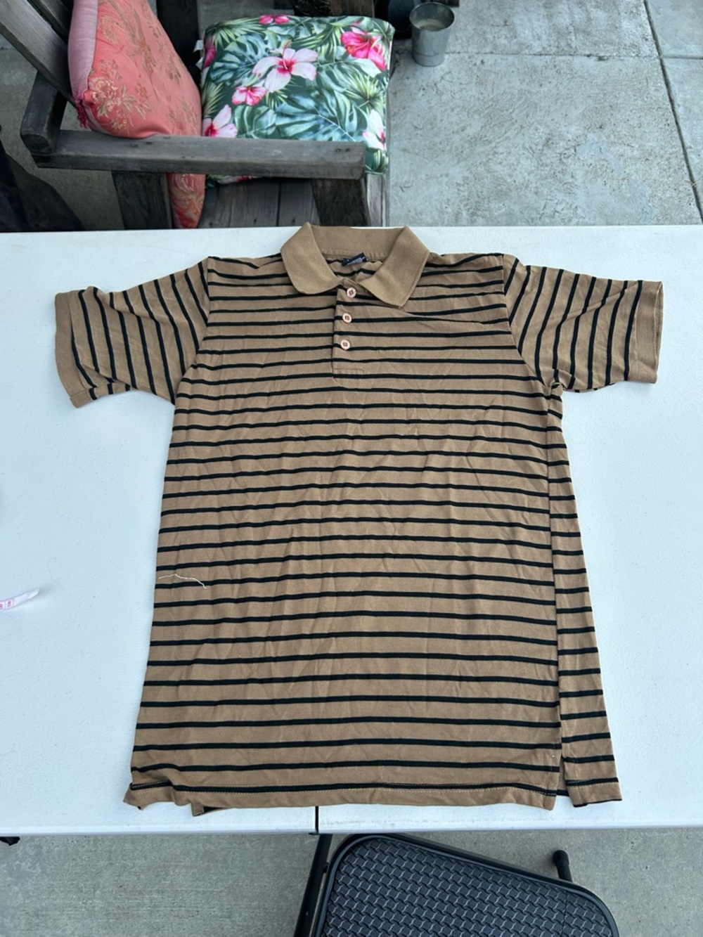 Men's Tan and Black Striped Polo Shirt
